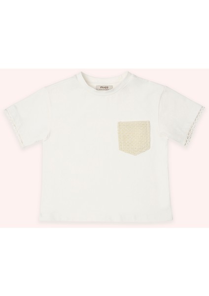 Kız Çocuk Ekru Cep Detaylı Tişört