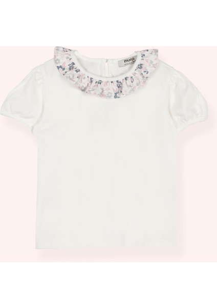 Kız Bebek Yakası Fırfırlı Kısa Kollu Beyaz Tişört