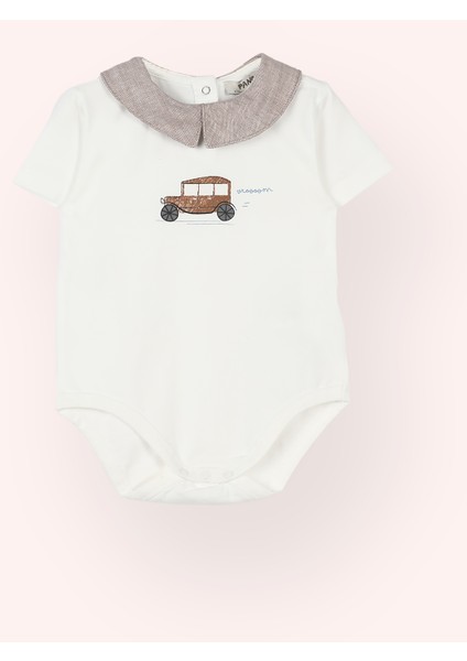 Erkek Bebek Yakalı Araba Baskılı Kısa Kollu Ekru Body