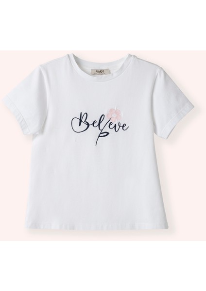 Kız Çocuk Nakış Detaylı Beyaz Tişört