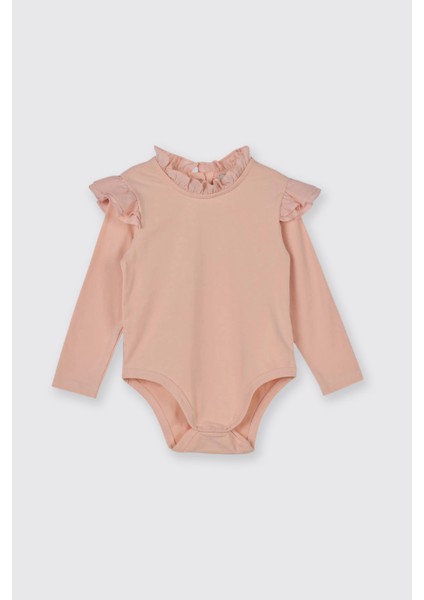 Kız Bebek Fırfır Detaylı Uzun Kollu Pudra Body
