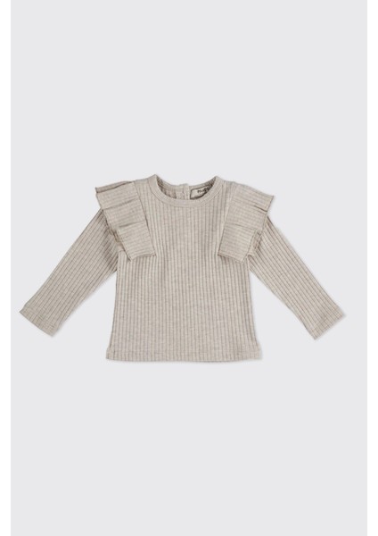 Kız Bebek Kolları Fırfır Detaylı Bej-Melanj Tişört