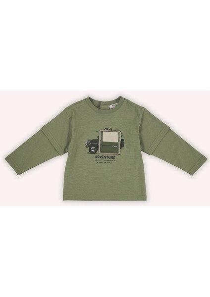 Erkek Bebek Baskılı Uzun Kollu Haki Tişört