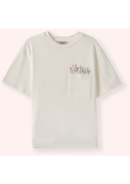 Kız Çocuk Nakış Detaylı Ekru Tişört