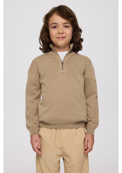 Erkek Çocuk Dik Yakalı Yarım Fermuarlı Bej Triko fiyatları