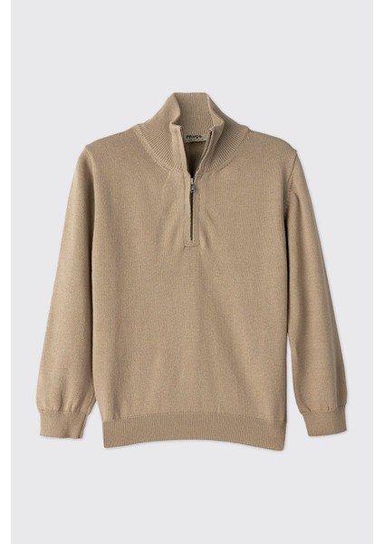 Erkek Çocuk Dik Yakalı Yarım Fermuarlı Bej Triko modelleri