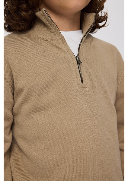 Erkek Çocuk Dik Yakalı Yarım Fermuarlı Bej Triko