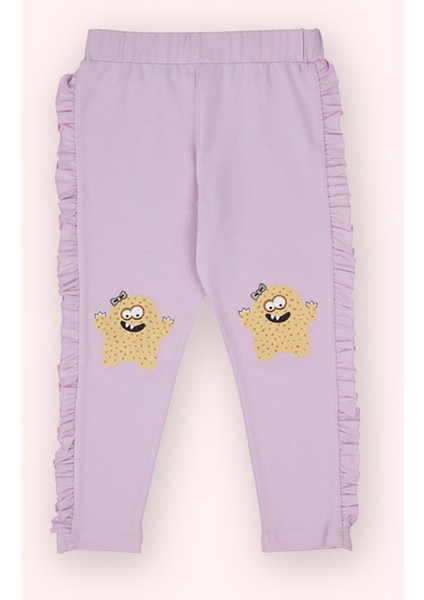 Kız Bebek Beli Lastikli Kenarı Fırfırlı Baskı Detaylı Mor Tayt