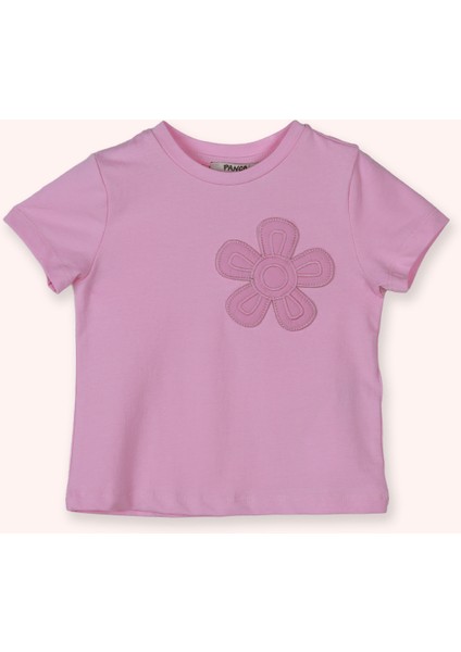 Kız Bebek Yuvarlak Yaka Kısa Kollu Çiçek Motifli Pembe Tişört