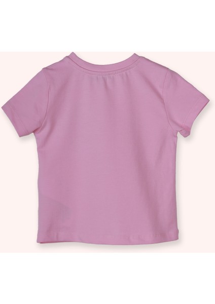 Kız Bebek Yuvarlak Yaka Kısa Kollu Çiçek Motifli Pembe Tişört modelleri