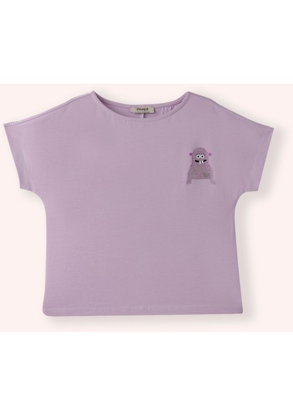 Kız Çocuk Baskı Detaylı Kısa Kollu Lila Tişört