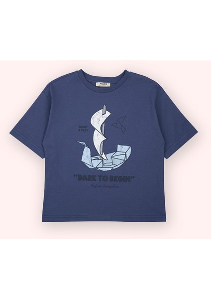 Erkek Çocuk Baskı Detaylı Kısa Kollu Lacivert Tişört