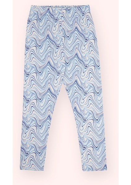 Kız Çocuk Beli Lastikli Baskılı Mavi Tayt