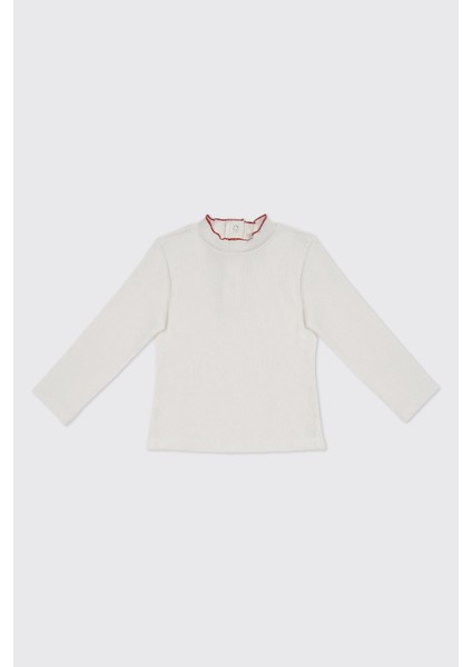 Kız Bebek Yakası Dikiş Detaylı Ekru Tişört