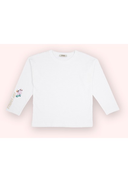 Erkek Çocuk Baskı Detaylı Uzun Kollu Beyaz Tişört