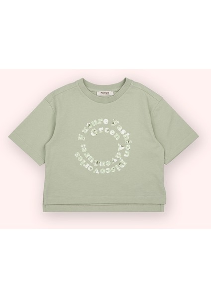 Kız Bebek Kısa Kollu Baskılı Yırtmaç Detaylı Haki Tişört