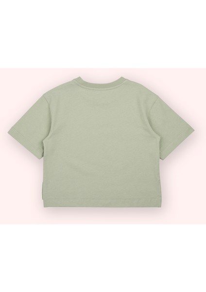 Kız Bebek Kısa Kollu Baskılı Yırtmaç Detaylı Haki Tişört modelleri