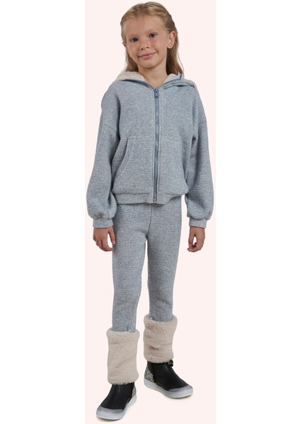 Kız Çocuk Paçası Kürk Detaylı Mavi Örme Triko Tayt