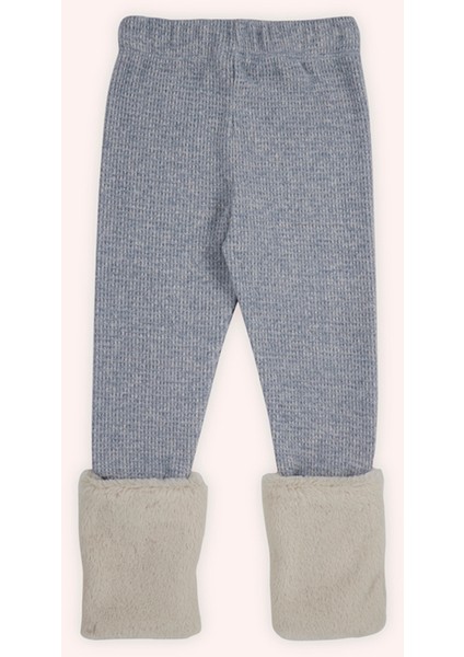 Kız Çocuk Paçası Kürk Detaylı Mavi Örme Triko Tayt modelleri