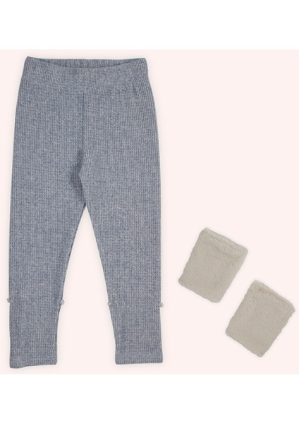 Kız Çocuk Paçası Kürk Detaylı Mavi Örme Triko Tayt