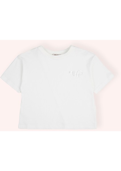 Kız Çocuk Bisiklet Yaka Varak Basklı Kısa Kollu Ekru Tişört