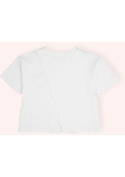 Kız Çocuk Bisiklet Yaka Varak Basklı Kısa Kollu Ekru Tişört modelleri