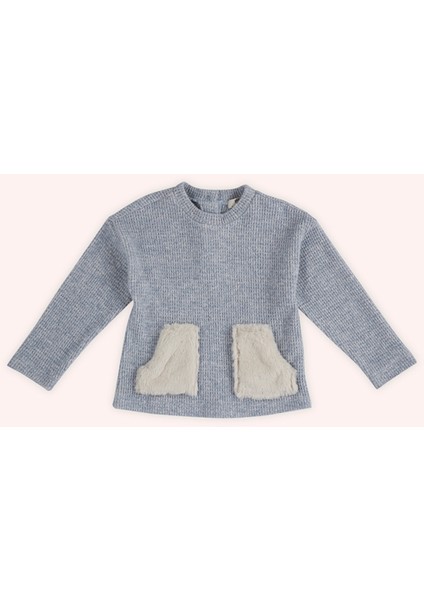 Kız Bebek Cep Detaylı Mavi Triko Kazak