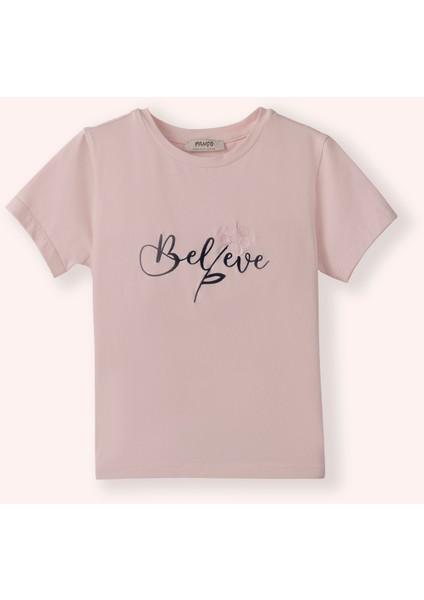 Kız Çocuk Nakış Detaylı Pembe Tişört