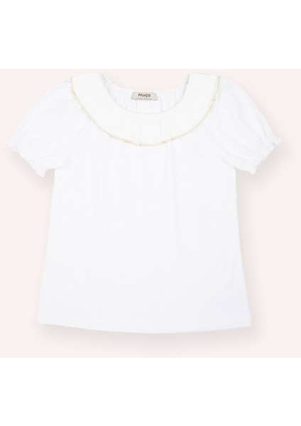 Kız Çocuk Ekru Yakası Fırfır Detaylı Tişört
