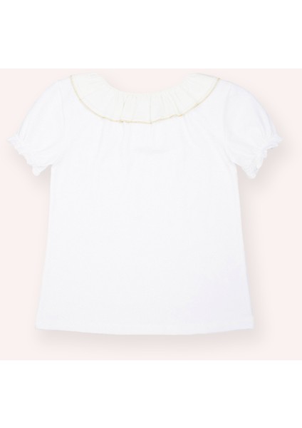 Kız Çocuk Ekru Yakası Fırfır Detaylı Tişört modelleri