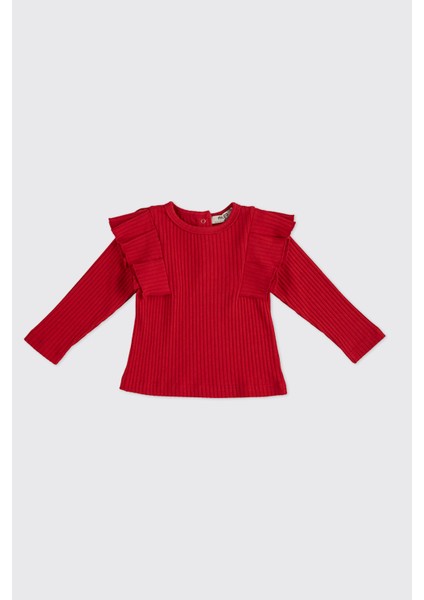 Kız Bebek Kolları Fırfır Detaylı Kırmızı Tişört