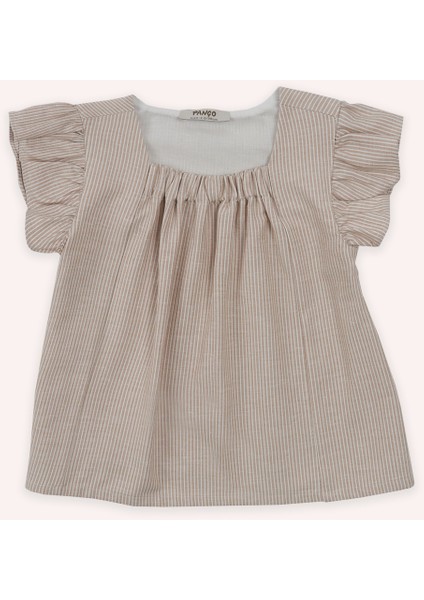 Kız Bebek Kare Yaka Kolları Fırfırlı Ön Yakası Lastikli Bej Bluz