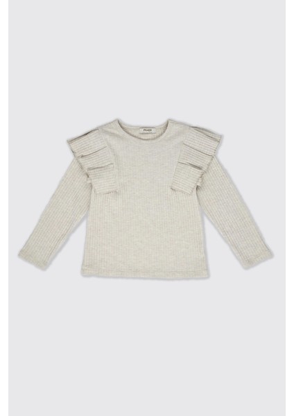 Kız Çocuk Kolları Fırfır Detaylı Bej-Melanj Tişört