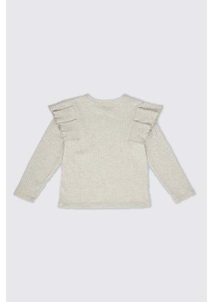 Kız Çocuk Kolları Fırfır Detaylı Bej-Melanj Tişört fiyatları