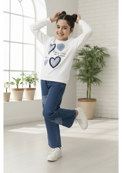 Kalp Detaylı Kot Pantolonlu Kız Çocuk 2 li takım - Beyaz fiyatları