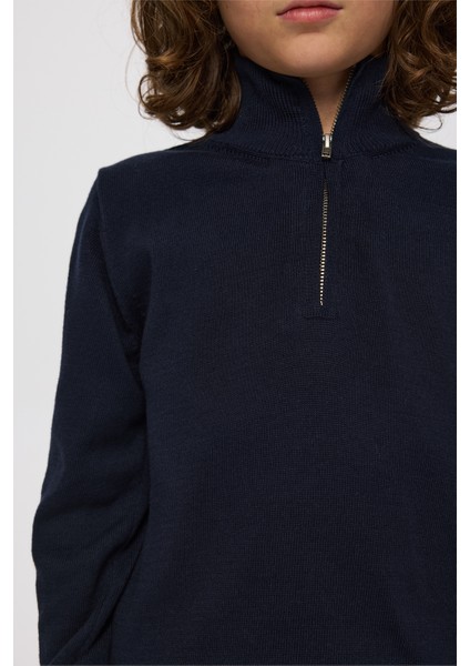 Erkek Çocuk Dik Yakalı Yarım Fermuarlı Lacivert Triko