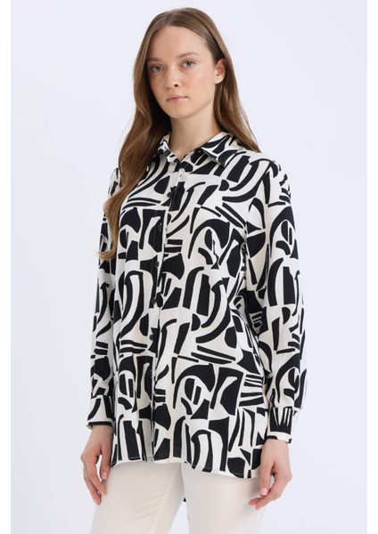 Relax Fit Gömlek Yaka Desenli Viskon Uzun Kollu Tunik D7348AX25SP