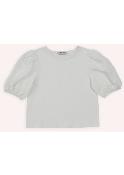 Kız Çocuk Kol Detaylı Ekru Tişört