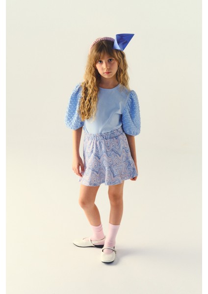 Kız Çocuk Kol Detaylı Mavi Tişört