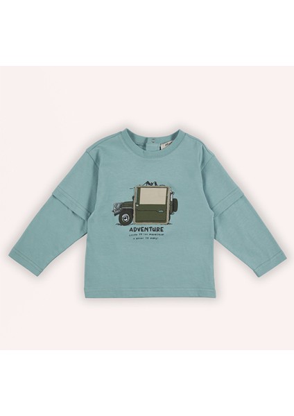 Erkek Bebek Baskılı Uzun Kollu Mint Tişört