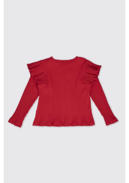 Kız Çocuk Kolları Fırfır Detaylı Kırmızı Tişört