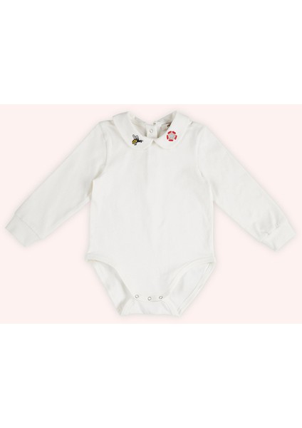 Kız Bebek Yakası Nakış Detaylı Ekru Body