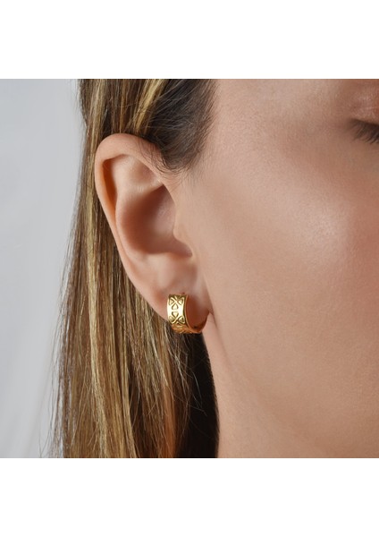 14 Ayar Mikron Altın Kaplama Kalın Desenli Huggie Halka Gümüş Küpe - E00297