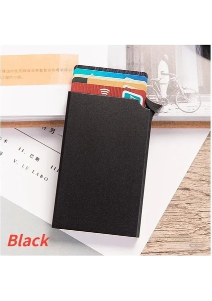 Siyah Yeni Anti-Manyetik Rfid Anti-Hırsızlık Kart Sahibinin Erkekler Otomatik Açılır Tip Metal Alüminyum Kabuk Kredi Kartı Kutusu Iş Cüzdanı (Yurt Dışından)