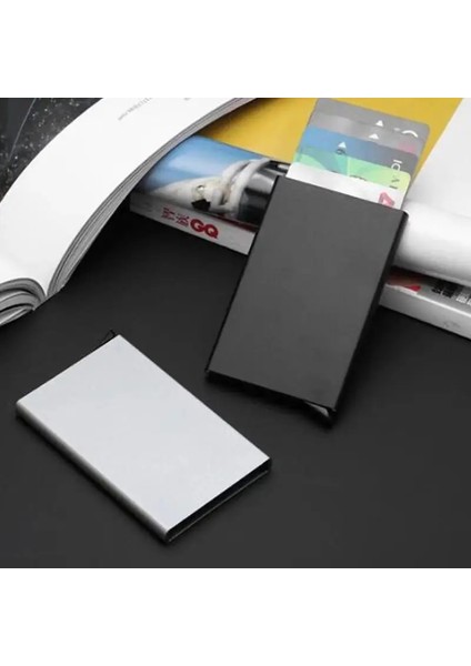 Gümüş Yeni Otomatik Silde Alüminyum Kimlik Nakit Kart Sahibinin Erkekler Iş Rfid Engelleme Cüzdan Kredi Kartı Koruyucu Kılıf Cep Çanta (Yurt Dışından) indirimleri