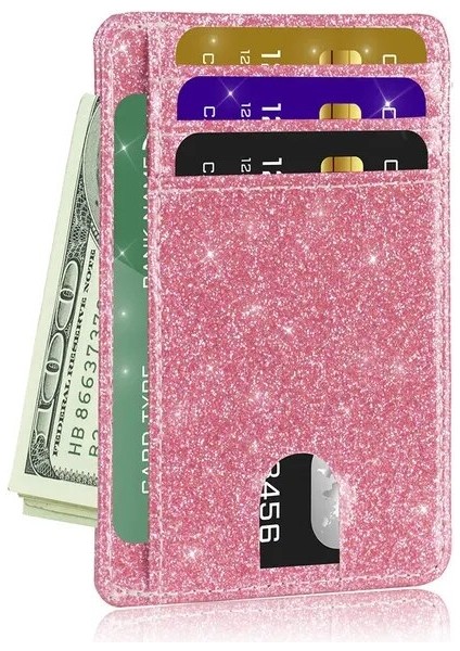 Pembe 1 Adet Işıltılı Ince Minimalist Cüzdan Kimlik Kartı Tutucu Ön Cep Cüzdan Rfid Engelleme Kredi Kartı Tutucu Kadınlar Için Kızlar Için (Yurt Dışından)
