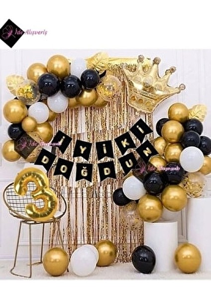 Kral Taçlı Doğum Günü Balon Zinciri Seti Gold ve Siyah Renklerde 1 Adet Banner ile fiyatları