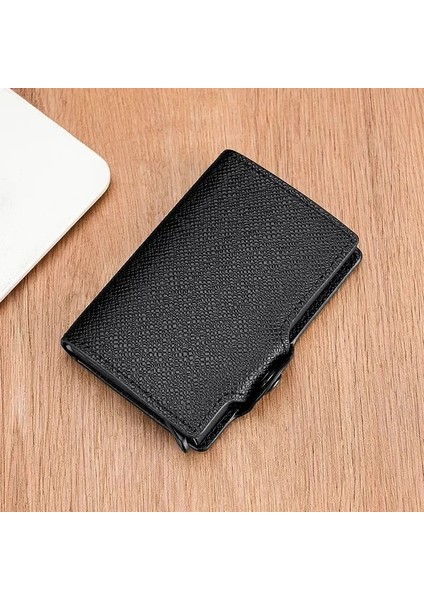 Siyah Çapraz Desen Yeni Pu Otomatik Açılır Kart Tutucu Metal Kredi Kartı Kutusu Cüzdan Aşınmaya Dayanıklı Katlanabilir Rfid Anti-Manyetik Erkek Kart Sahibinin (Yurt Dışından)