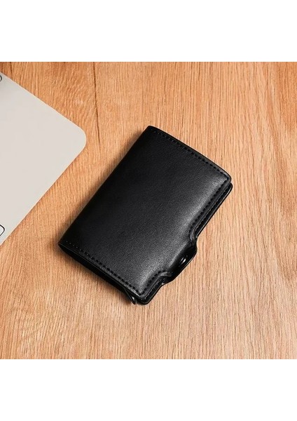 Siyah Yeni Pu Otomatik Açılır Kart Tutucu Metal Kredi Kartı Kutusu Cüzdan Aşınmaya Dayanıklı Katlanabilir Rfid Anti-Manyetik Erkek Kart Sahibinin (Yurt Dışından)