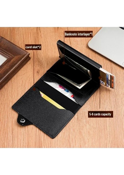 Siyah Yeni Pu Otomatik Açılır Kart Tutucu Metal Kredi Kartı Kutusu Cüzdan Aşınmaya Dayanıklı Katlanabilir Rfid Anti-Manyetik Erkek Kart Sahibinin (Yurt Dışından) indirimleri